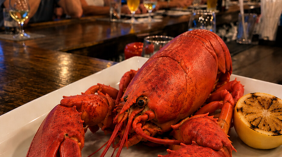 A cooked Maine lobster served on a white plate at Brewfish
